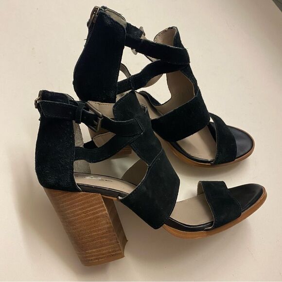 Hinge Cora Block Heel Sandal black leather SUEDE open toe strappy zip up 7.5 - Picture 2 of 10